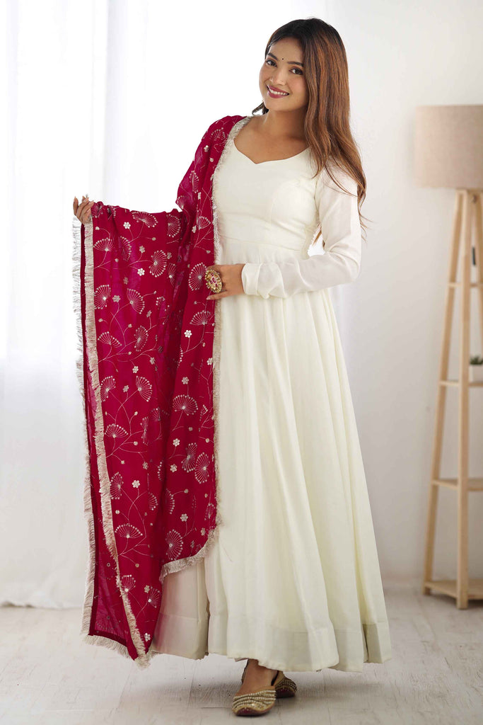 Ravishing Off-White Lace Work Vichitra Silk Wedding Wear Anarkali Gown