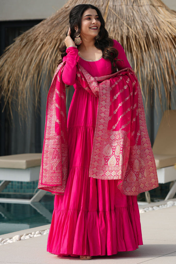 Gorgeous Pink Silk Wedding Wear Anarkali Suit With Banarasi Dupatta