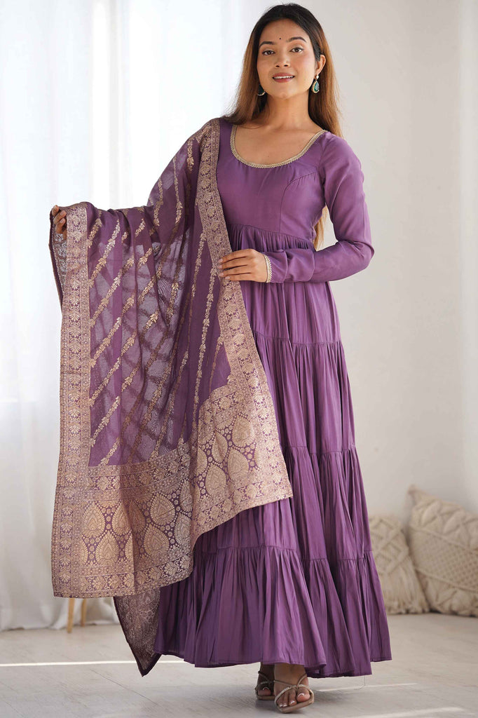 Delightful Purple Chanderi Anarkali Suit With Banarasi Dupatta