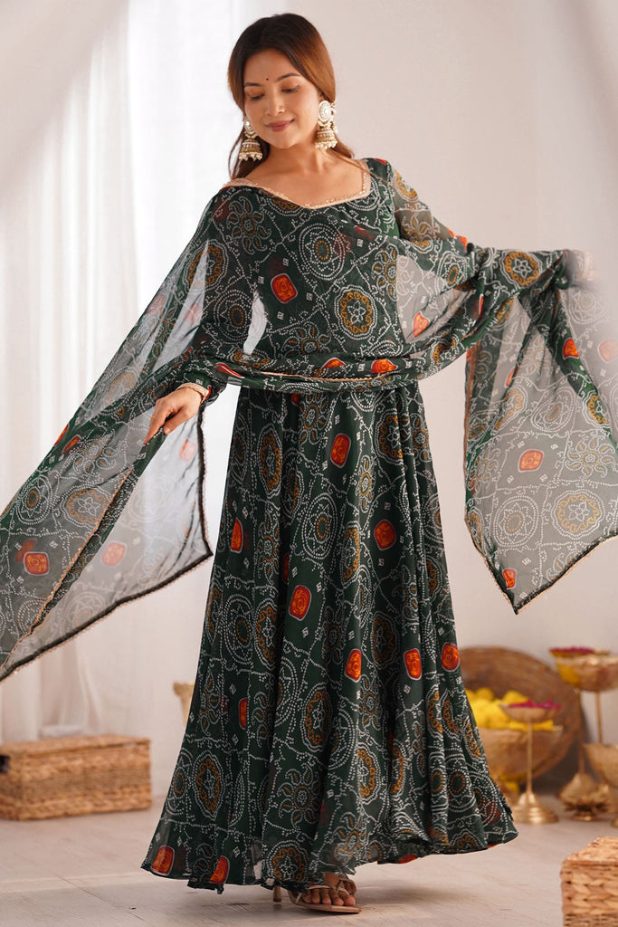 Incredible Green Bandhej Printed Georgette Casual Wear Anarkali Suit