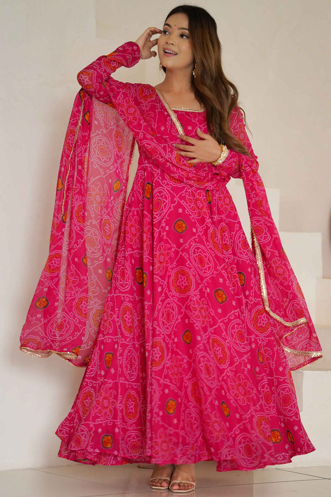 Wonderful Pink Bandhej Print Georgette Festival Wear Anarkali Suit