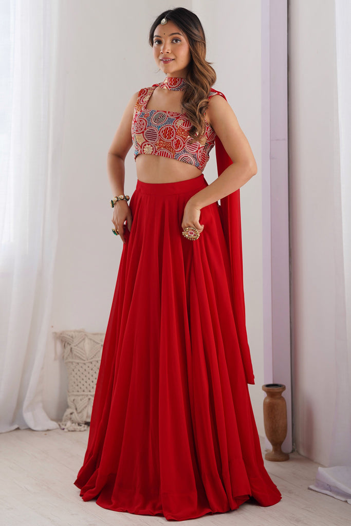 Captivating Red Georgette Party Wear Lehenga Choli With Dupatta