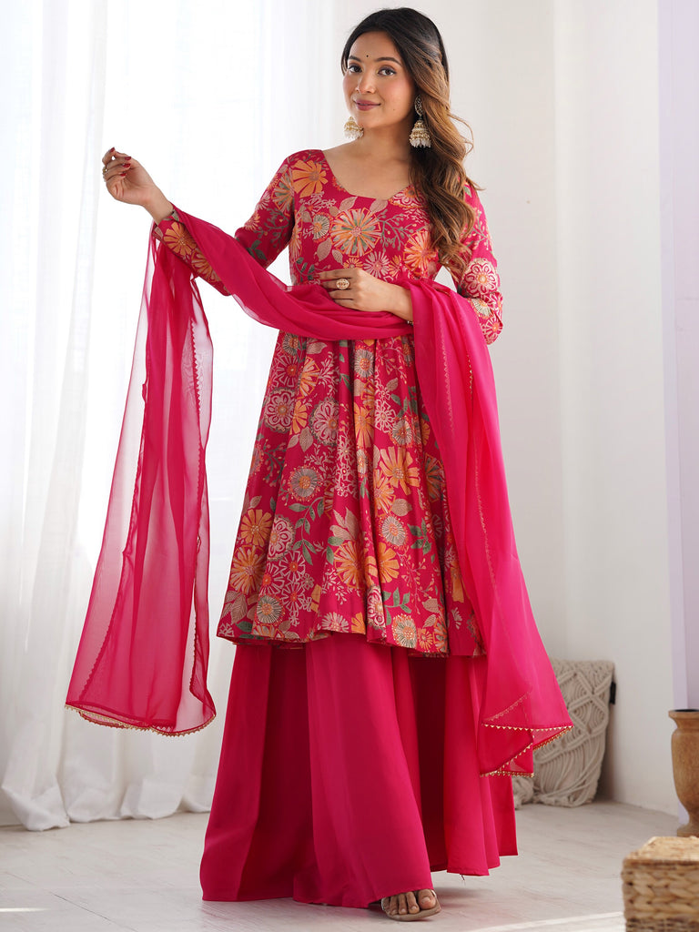 Alluring Rani Pink Floral Printed Silk Festival Wear Palazzo Suit