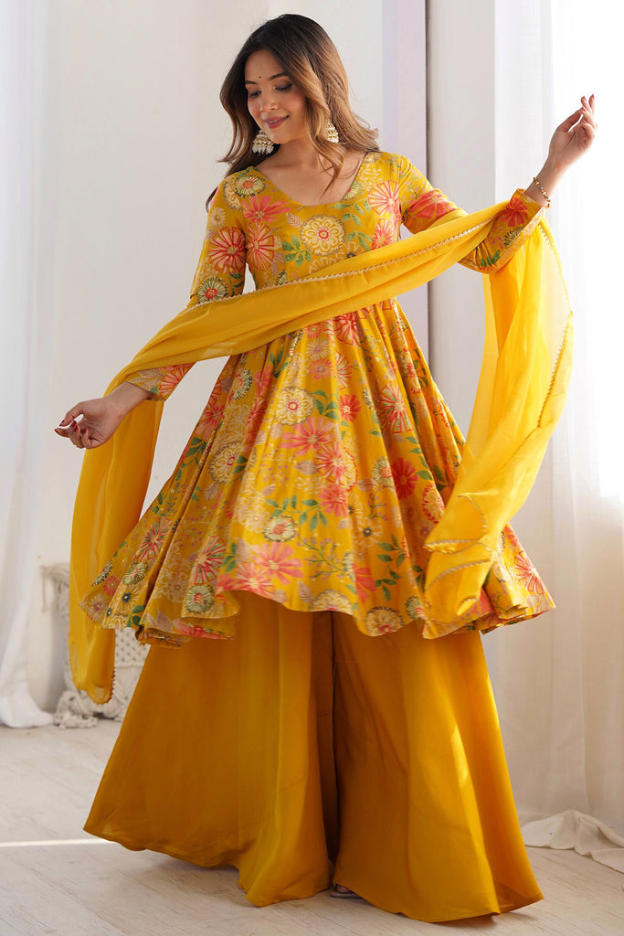 Shocking Yellow Floral Printed Silk Designer Palazzo Suit With Dupatta