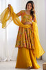 Shocking Yellow Floral Printed Silk Designer Palazzo Suit With Dupatta