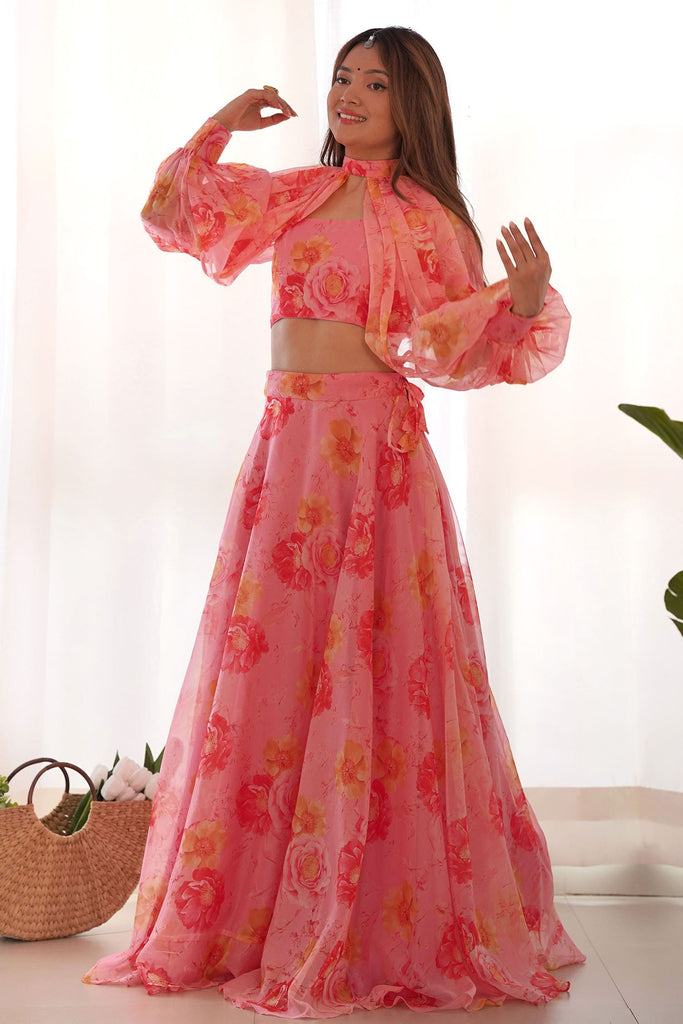Lovely Pink Floral Print Organza Party Wear Lehenga With Blouse