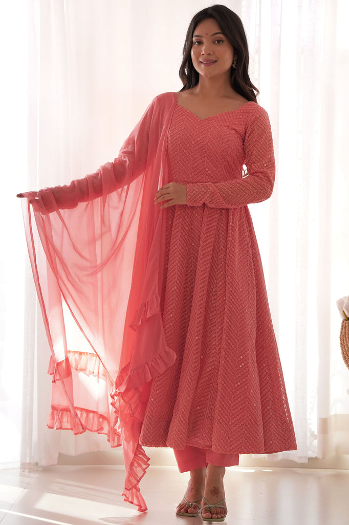 Stunning Peach-Color Lucknowi Embroidery Georgette Anarkali Pant Suit