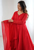 Appealing Red Lucknowi Work Georgette Anarkali Suit With Dupatta