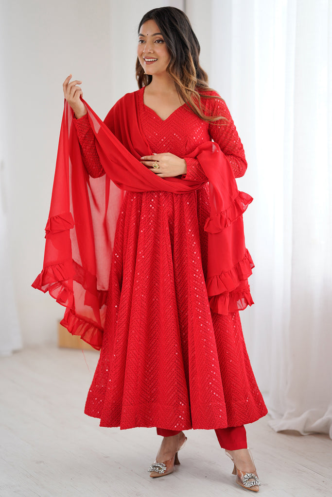 Appealing Red Lucknowi Work Georgette Anarkali Suit With Dupatta