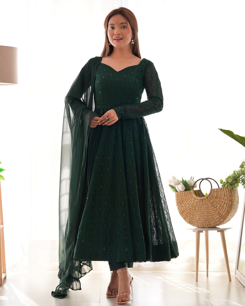 Attractive Green Lakhnavi Work Georgette Anarkali Suit With Dupatta