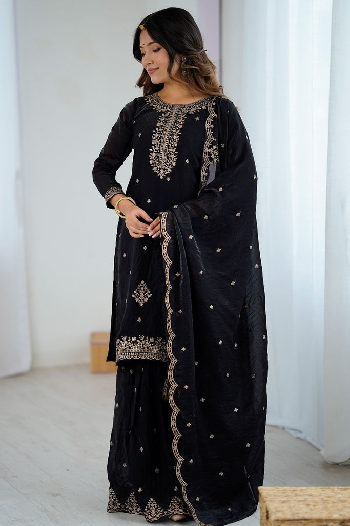 Amazing Black Sequins Silk Reception Wear Sharara Suit With Dupatta