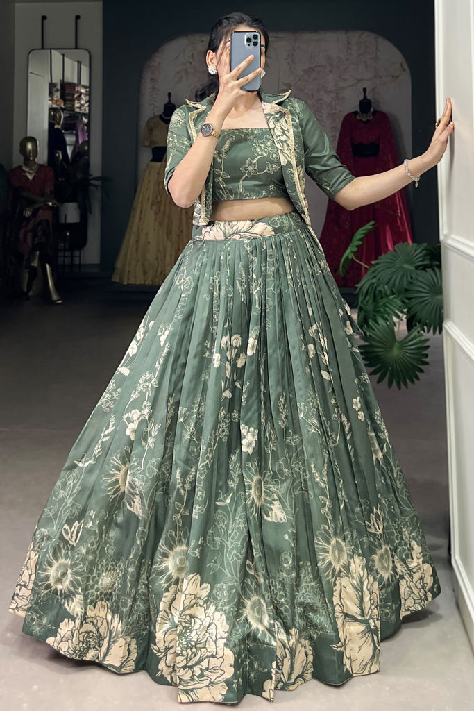 Bewitching Bottle Green Printed Tussar Silk Crop Top Lehenga With Jacket