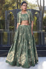 Lavish Bottle Green Floral Print Tussar Silk Crop Top Lehenga With Jacket