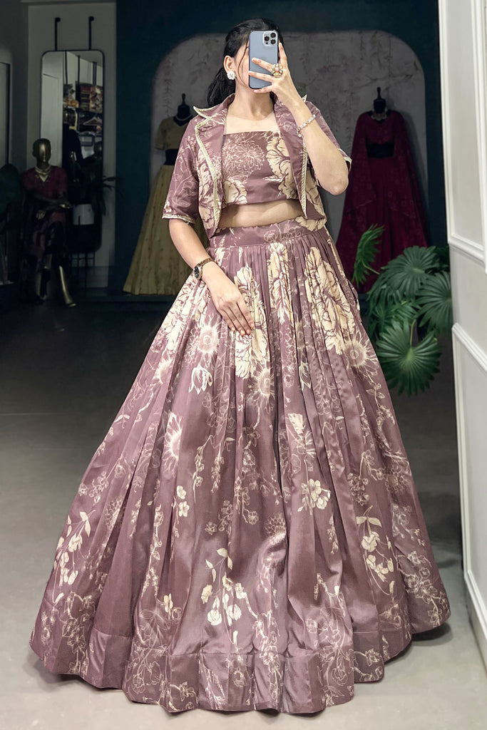 Glamorous Mauve Floral Printed Tussar Silk Crop Top Lehenga With Jacket