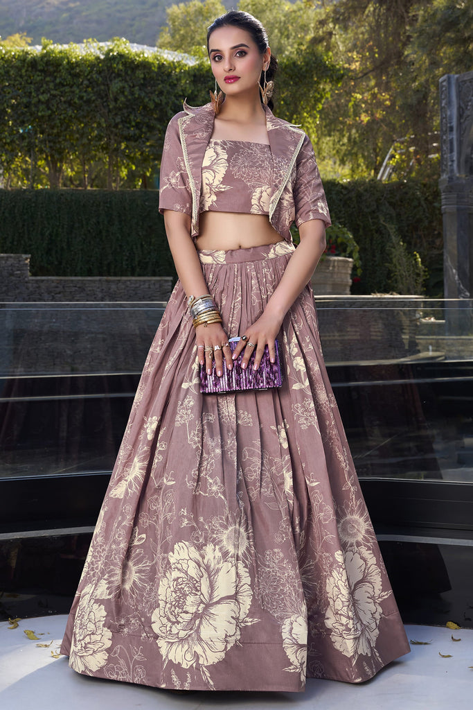 Excellent Mauve Floral Print Tussar Silk Crop Top Lehenga With Jacket