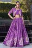 Awesome Purple Printed Tussar Silk Party Wear Crop Top Lehenga With Jacket