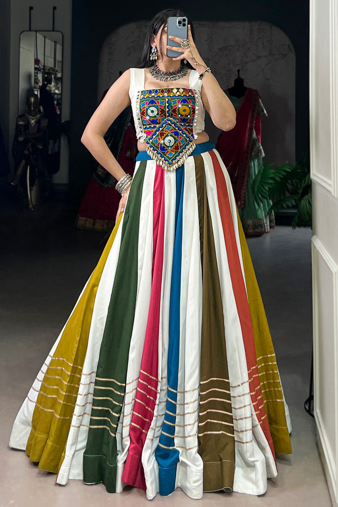 Sweet MultiColor Gamthi Work Rayon Navratri Wear Crop Top Lehenga