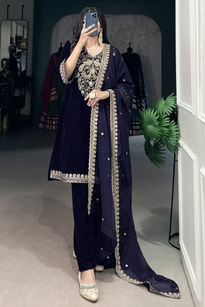 Aesthetic Navy Blue Sequins Velvet Event Wear Pant Suit With Dupatta