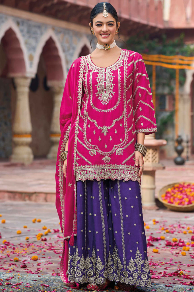 Ravishing Pink Embroidered Chinon Event Wear Palazzo Suit