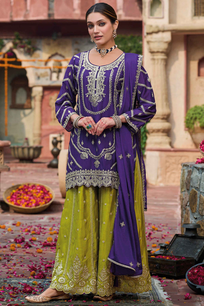 Alluring Purple Zari Work Chinon Eid Wear Palazzo Suit