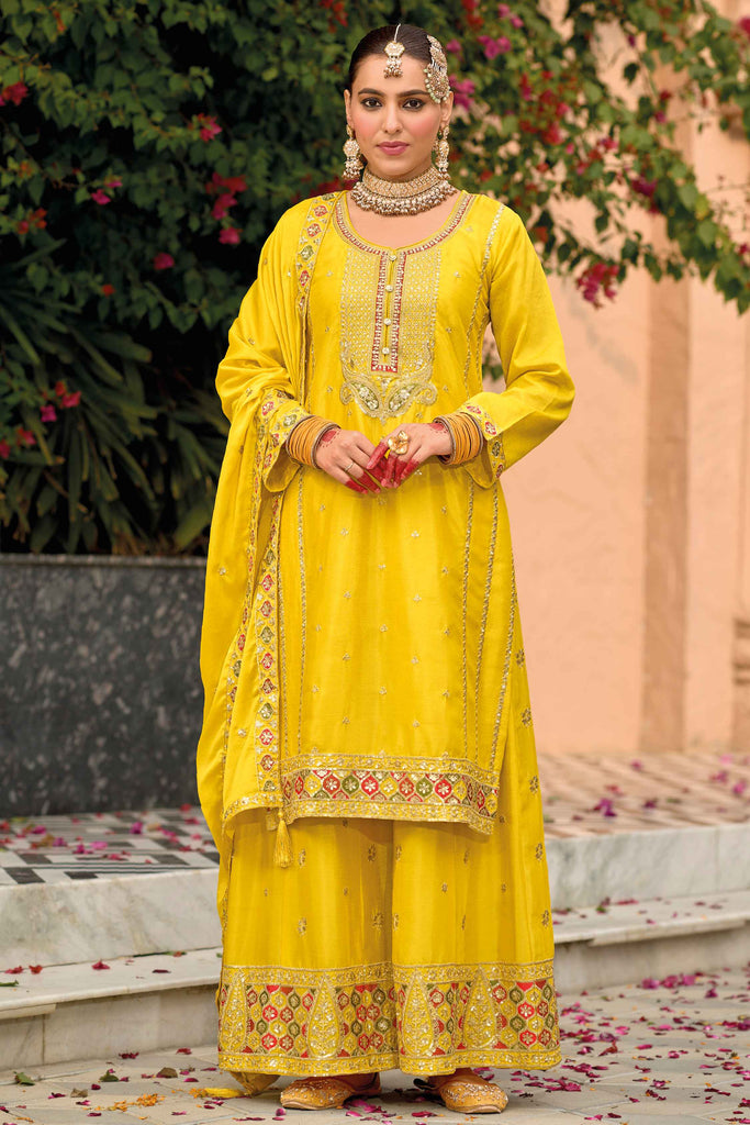 Impressive Yellow Sequins Work Chinon Haldi Wear Palazzo Suit