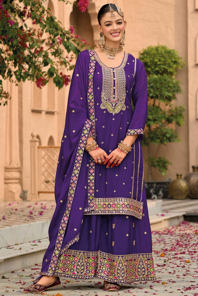 Exquisite Purple Sequins Work Chinon Festive Wear Palazzo Suit