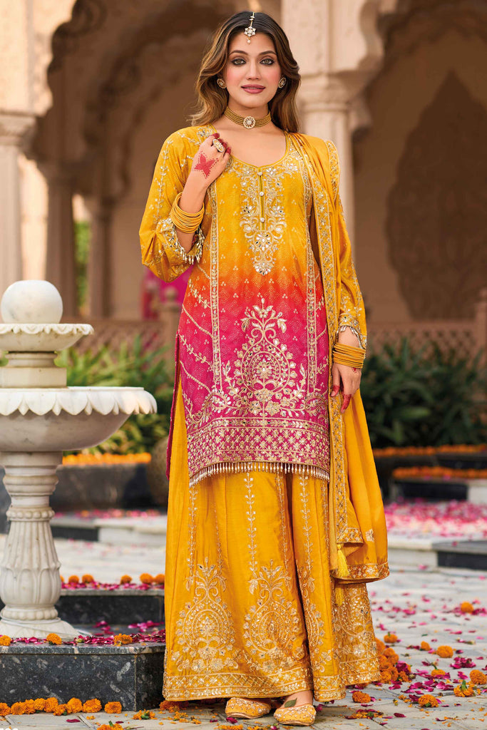 Beautiful Yellow Embroidered Chinon Haldi Wear Palazzo Suit