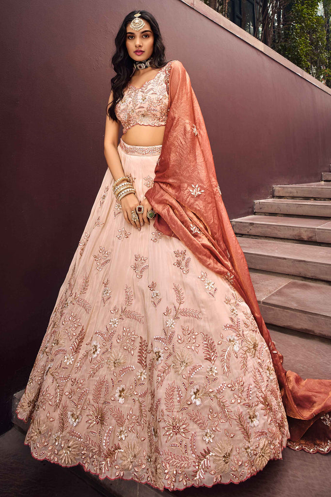 Glamorous Peach Sequins Work Rayon Engagement Wear Lehenga Choli