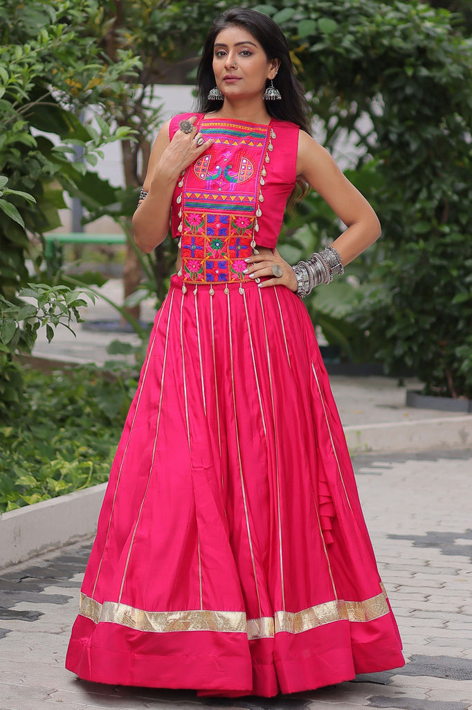 Charming Pink Silk Kutchi Work Navratri Wear Crop Top Lehenga