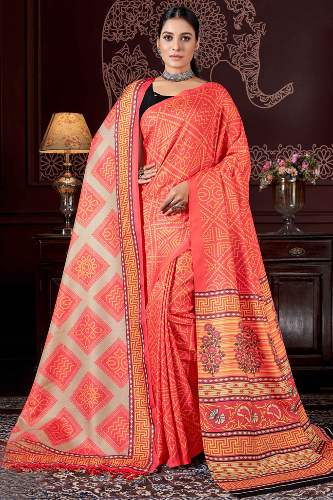 Fantastical Orange Printed Pashmina Festival Wear Saree With Shawl