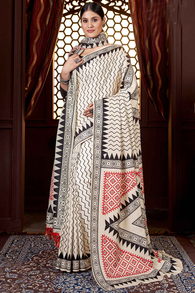 Amazing Off-White Digital Print Pashmina Event Wear Saree With Shawl