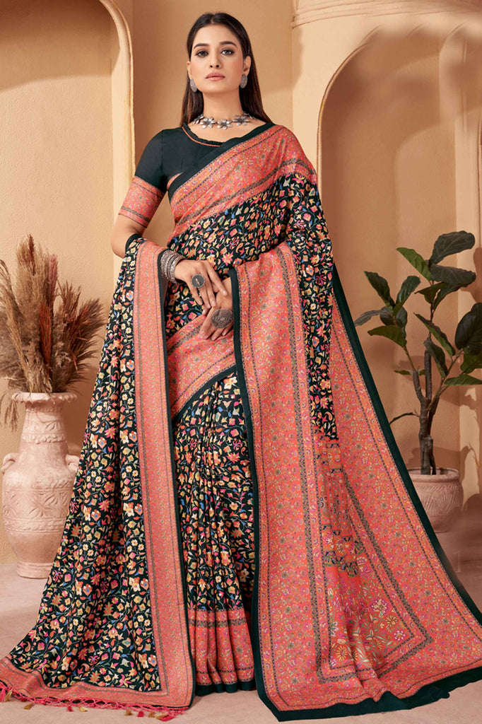 Wonderful Black Floral Print Pashmina Function Wear Saree With Shawl