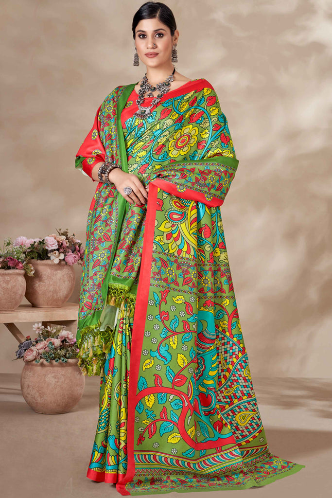 Enjoyable Olive Green Pashmina Event Wear Saree With Shawl