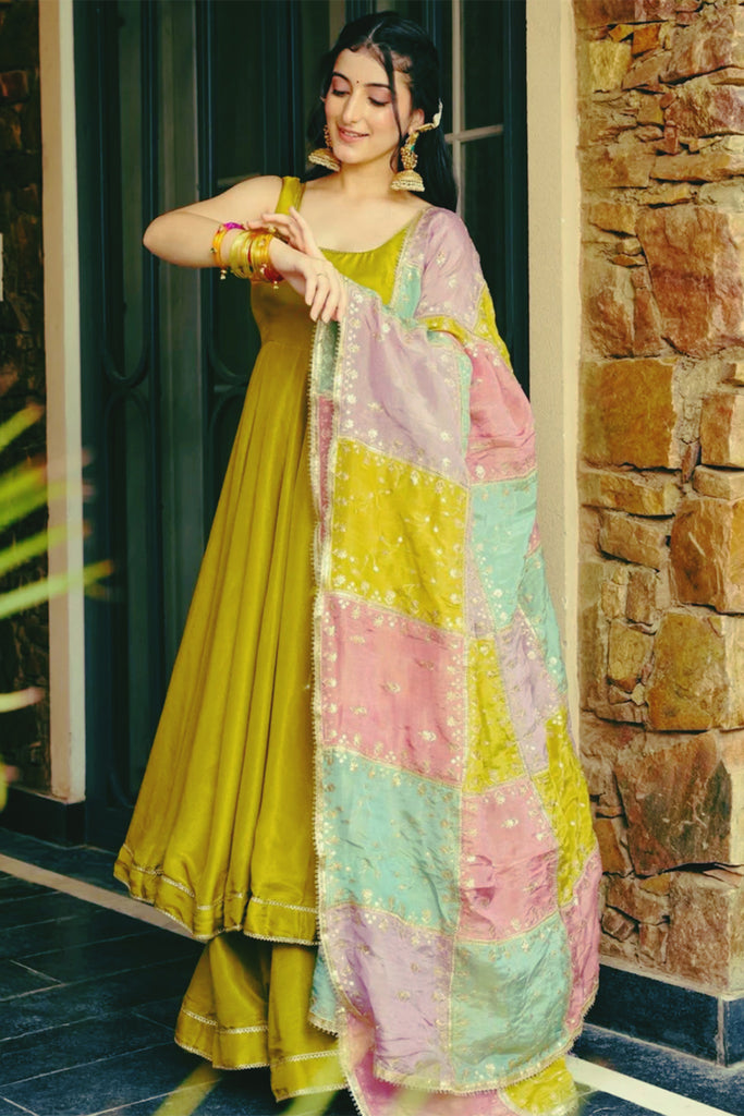 Elegant Olive Green Silk Festival Wear Palazzo Suit With Heavy Dupatta