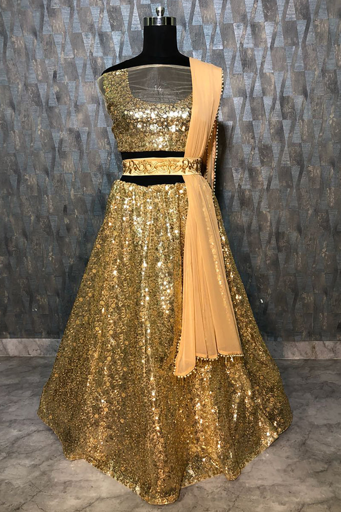 Stunning Golden Sequins Net Party Wear Lehenga Choli With Dupatta