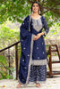 Wonderful Navy Blue Sequins Chinon Function Wear Sharara Suit