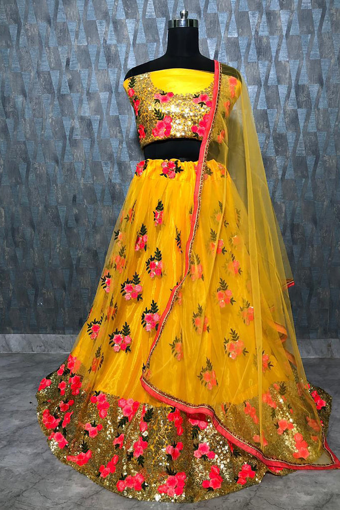 Lovely Yellow Zari Embroidered Net Haldi Wear Lehenga Choli With Dupatta