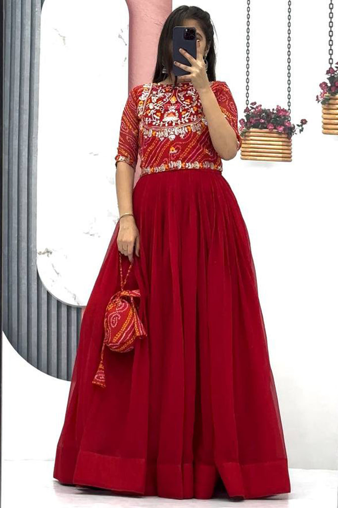 Attractive Red Embroidered Georgette Festival Wear Gown With Jacket