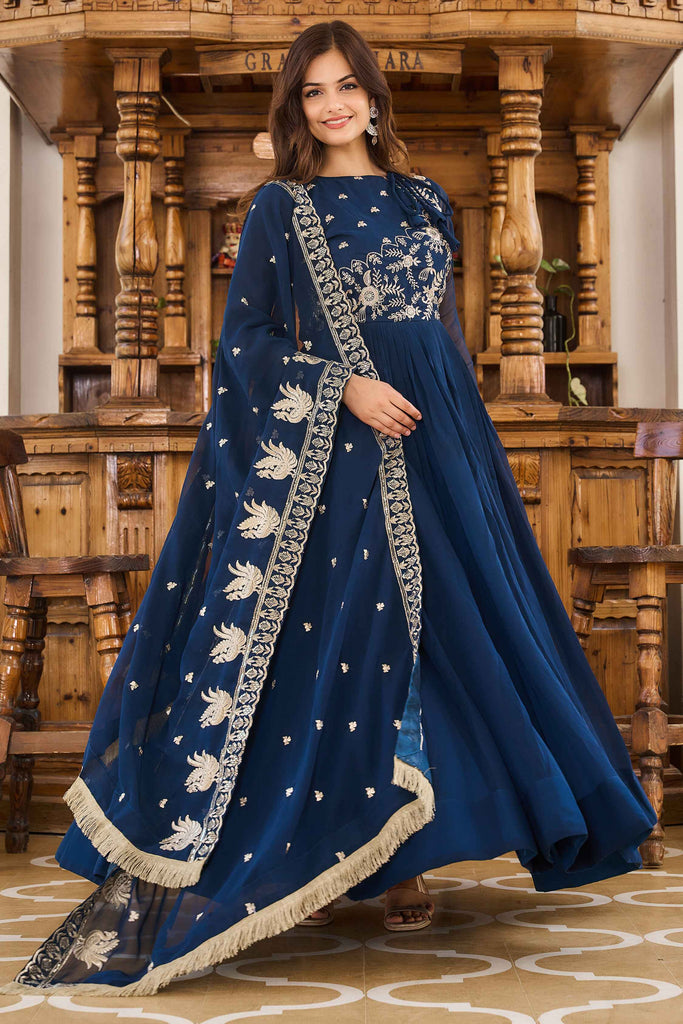 Beautiful Navy Blue Embroidered Georgette Wedding Wear Gown