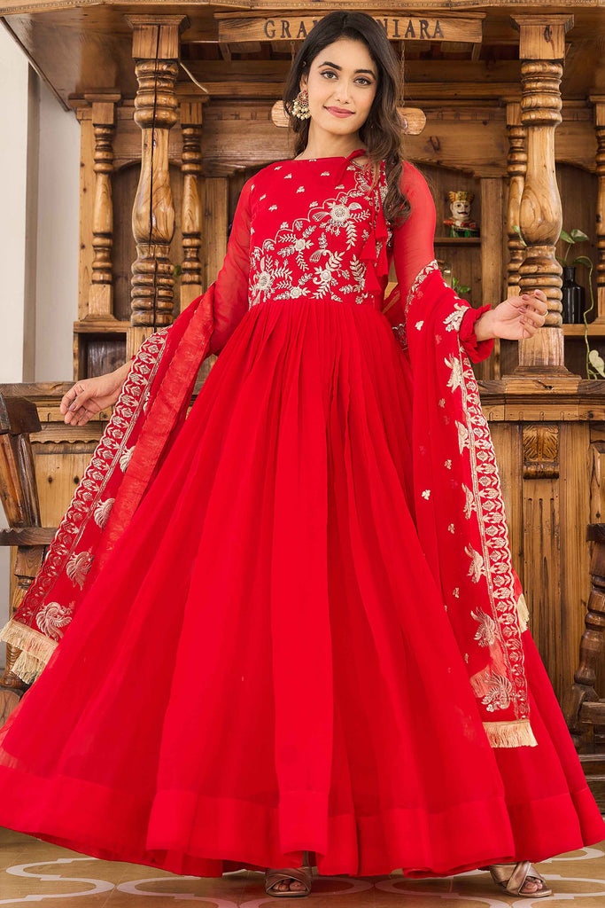 Adorable Red Embroidered Georgette Function Wear Gown With Dupatta