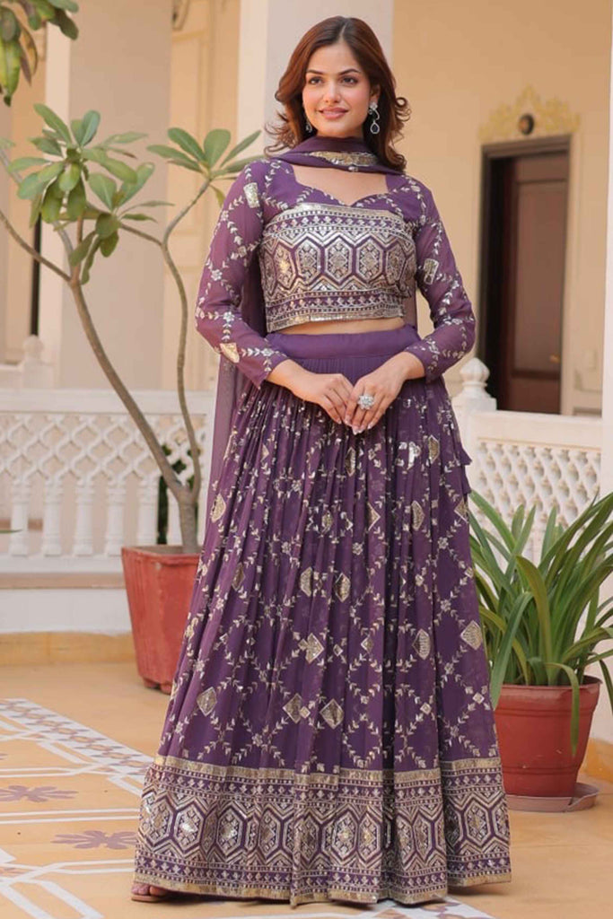 Marvelous Purple Embroidered Georgette Wedding Lehenga Choli