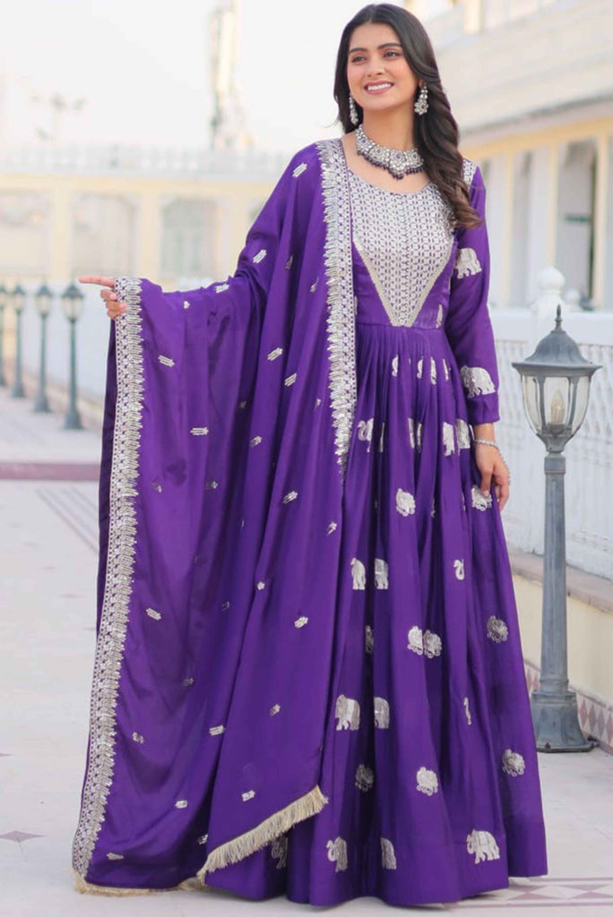 Alluring Violet Embroidered Georgette Anarkali Gown With Dupatta