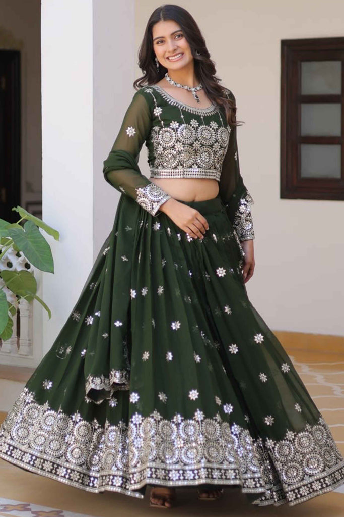 Wonderful Olive Green Embroidered Georgette Mehendi Wear Lehenga Choli