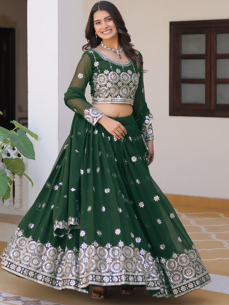 Wonderful Olive Green Embroidered Georgette Mehendi Wear Lehenga Choli