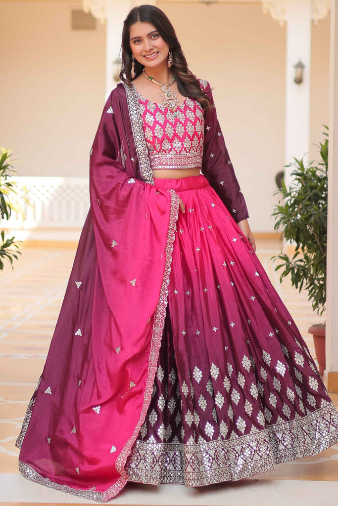 Surprising Pink Embroidered Chinon Wedding Lehenga Choli With Dupatta