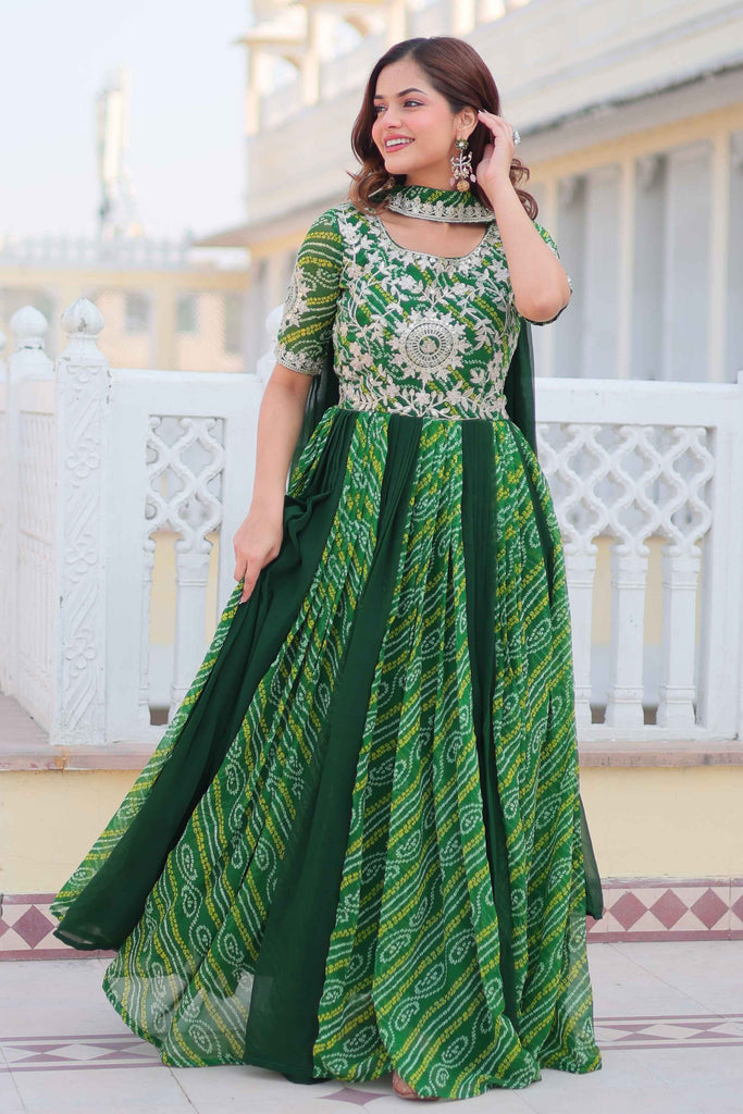 Beautiful Green Bandhej Print Georgette Gown With Dupatta