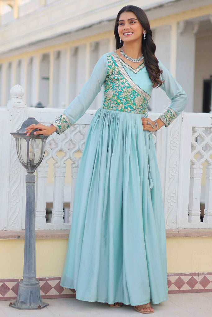 Attractive Blue Bandhej Print Chinon Function Wear Gown