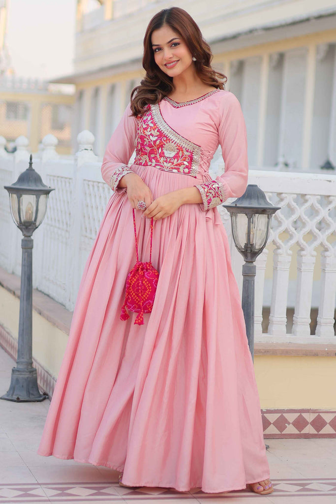 Beautiful Pink Bandhej Print Chinon Event Wear Gown