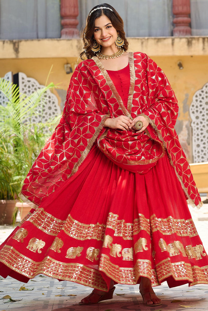 Attractive Red Sequins Silk Festival Wear Gown With Dupatta