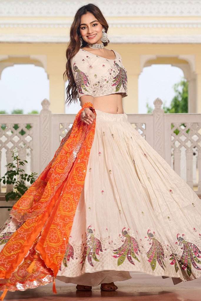 Beautiful Ivory Sequins Silk Lehenga Choli With Badhani Dupatta